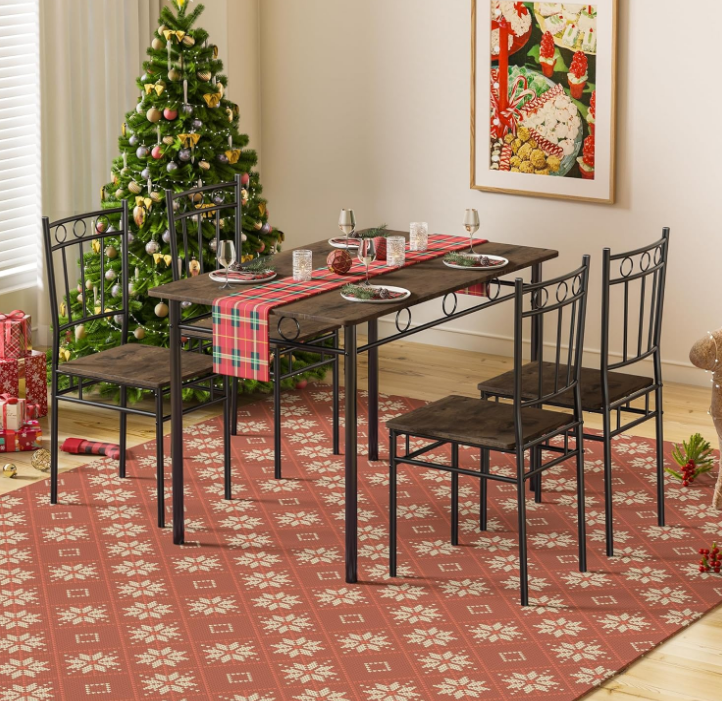 Dining Table Set for 4, 5-Piece Kitchen Table and Chairs, Rectangular Dining Room Table Set with 4 Chairs, Space-Saving Kitchen Table Set for Small Space,Dinette,Apartment,Retro Brown