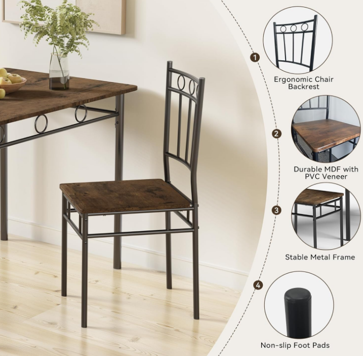 Dining Table Set for 4, 5-Piece Kitchen Table and Chairs, Rectangular Dining Room Table Set with 4 Chairs, Space-Saving Kitchen Table Set for Small Space,Dinette,Apartment,Retro Brown