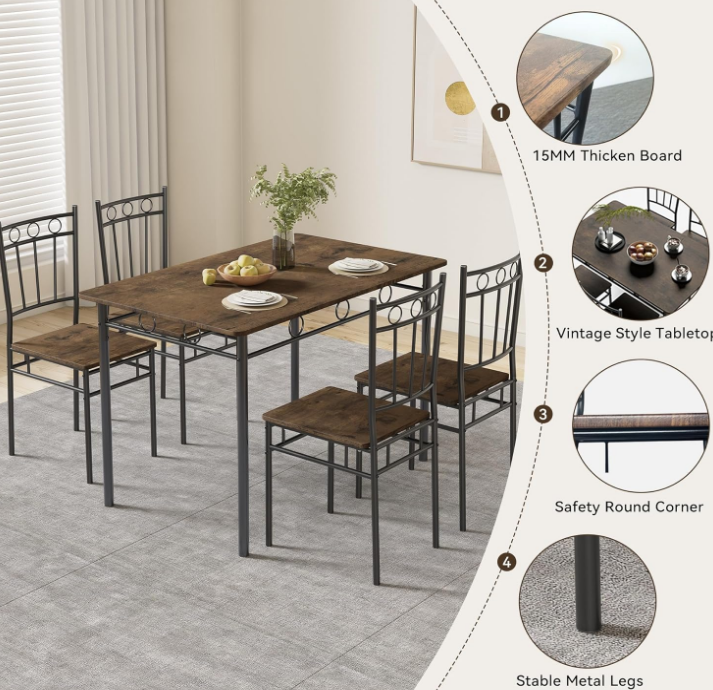 Dining Table Set for 4, 5-Piece Kitchen Table and Chairs, Rectangular Dining Room Table Set with 4 Chairs, Space-Saving Kitchen Table Set for Small Space,Dinette,Apartment,Retro Brown