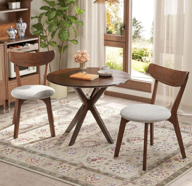 Dining Table Set for 2, Round Kitchen Table and Chairs Set of 2 with Cushioned Seat, Mid-Century Modern 3-Pieces Wooden Dining Set for Kitchen and Living Room
