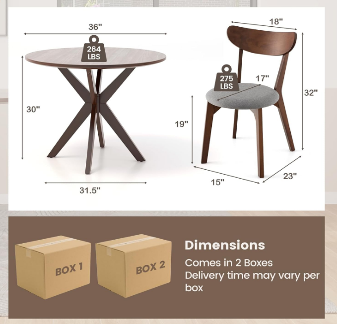Dining Table Set for 2, Round Kitchen Table and Chairs Set of 2 with Cushioned Seat, Mid-Century Modern 3-Pieces Wooden Dining Set for Kitchen and Living Room