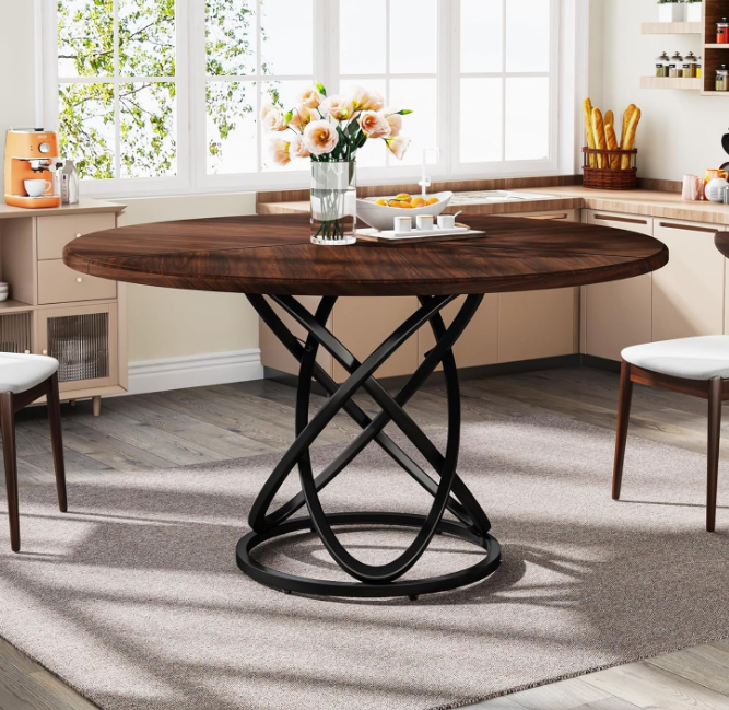 Round Dining Table for 4-6 People, 47 Inch Dinner Table Circle Kitchen Table with Metal Base, Wood Dining Room Table Cofee Table for Kitchen, Restaurant, Café, Walnut and Black