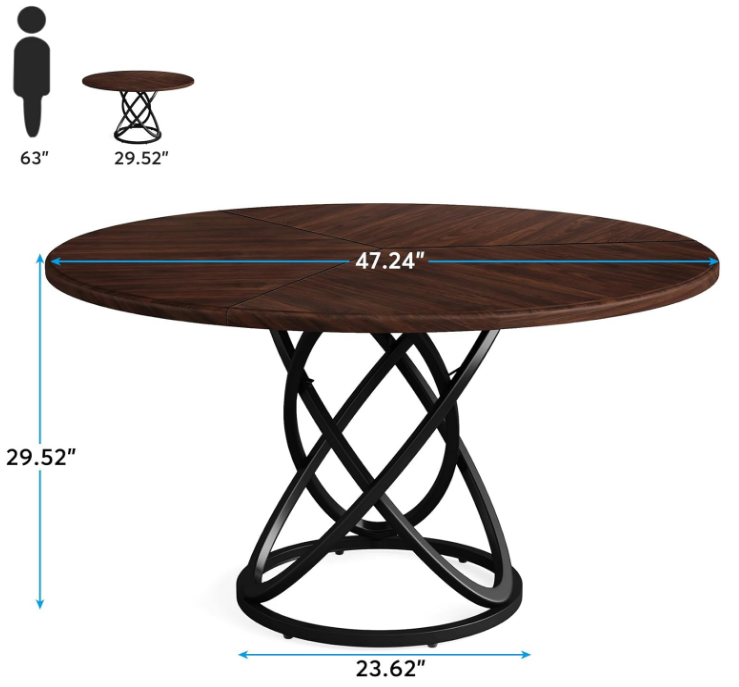 Round Dining Table for 4-6 People, 47 Inch Dinner Table Circle Kitchen Table with Metal Base, Wood Dining Room Table Cofee Table for Kitchen, Restaurant, Café, Walnut and Black