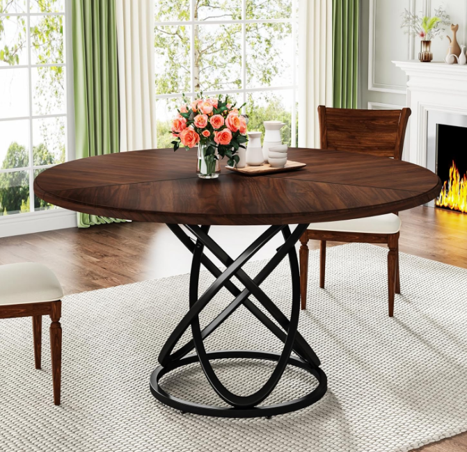 Round Dining Table for 4-6 People, 47 Inch Dinner Table Circle Kitchen Table with Metal Base, Wood Dining Room Table Cofee Table for Kitchen, Restaurant, Café, Walnut and Black