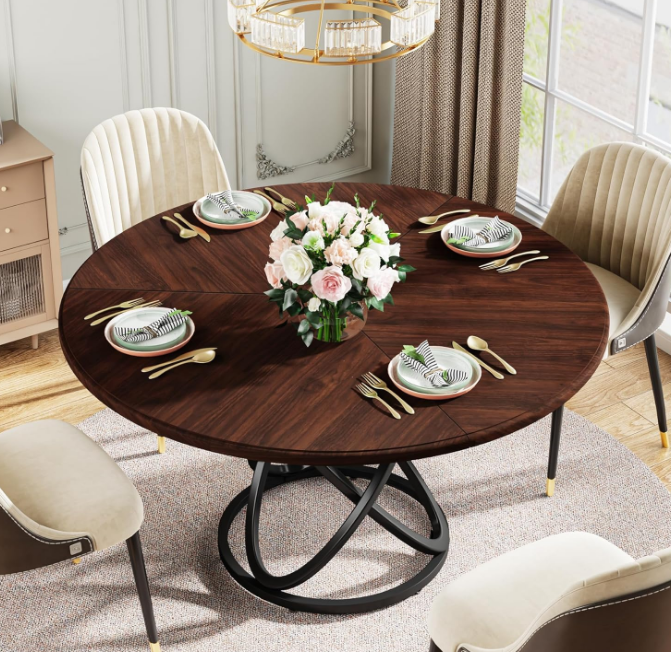 Round Dining Table for 4-6 People, 47 Inch Dinner Table Circle Kitchen Table with Metal Base, Wood Dining Room Table Cofee Table for Kitchen, Restaurant, Café, Walnut and Black