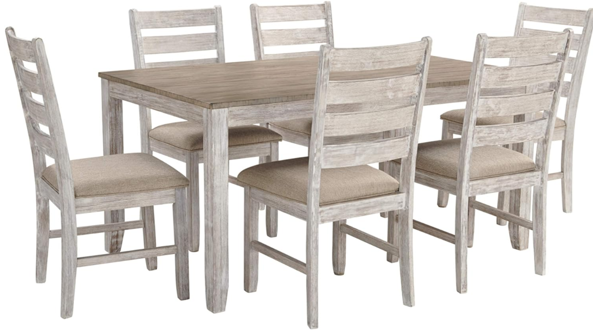 Skempton Cottage Dining Room Table Set with 6 Upholstered Chairs, Whitewash