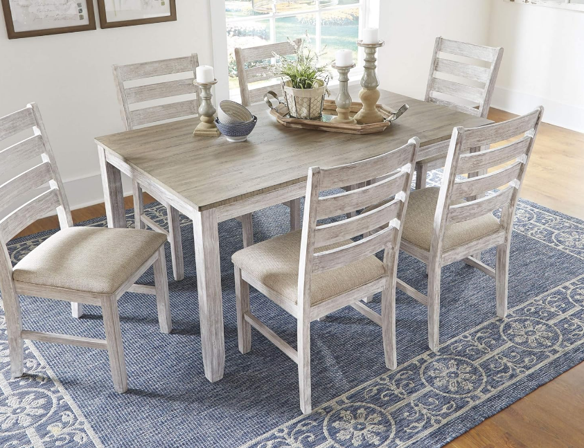 Skempton Cottage Dining Room Table Set with 6 Upholstered Chairs, Whitewash