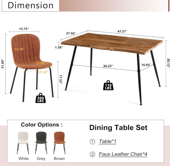 Rectangular Dining Table Set for 4 with PU Leather Chairs - Modern Kitchen Table and Chairs Set for Small Spaces - Brown