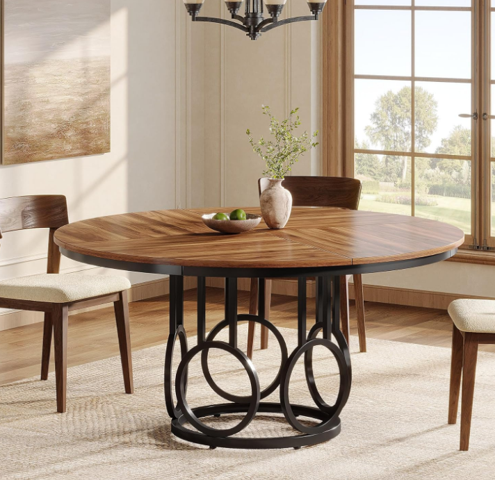 47-Inch Round Dining Table, Wood Kitchen Table with Sturdy Metal Base for 4-6 People, Large Circle Dinner Table for Dining Room, Kitchen, Living Room (Brown & Black, Only Table)
