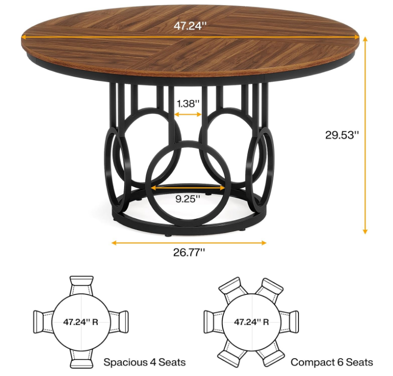 47-Inch Round Dining Table, Wood Kitchen Table with Sturdy Metal Base for 4-6 People, Large Circle Dinner Table for Dining Room, Kitchen, Living Room (Brown & Black, Only Table)