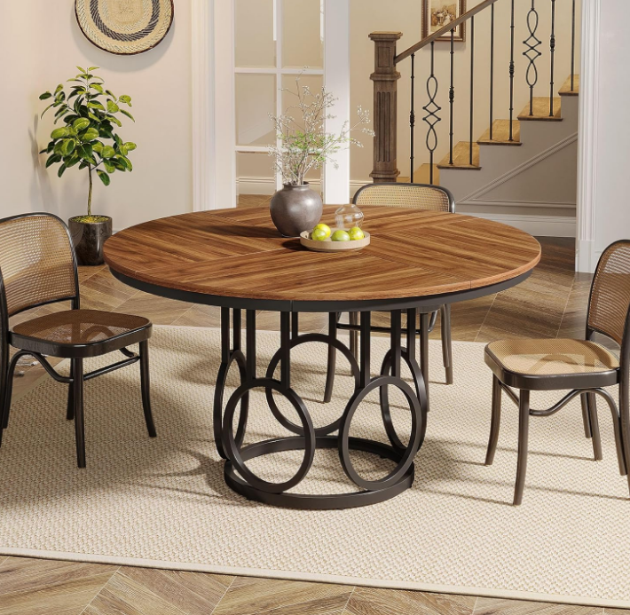 47-Inch Round Dining Table, Wood Kitchen Table with Sturdy Metal Base for 4-6 People, Large Circle Dinner Table for Dining Room, Kitchen, Living Room (Brown & Black, Only Table)