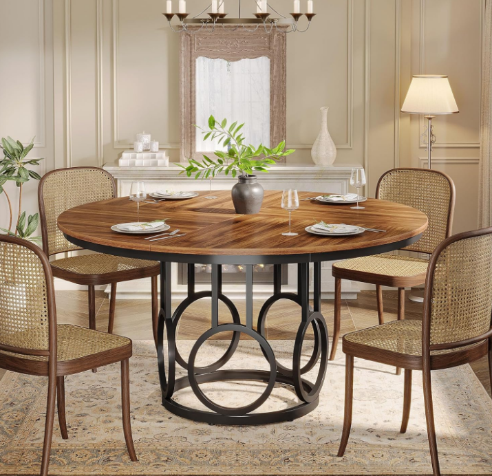 47-Inch Round Dining Table, Wood Kitchen Table with Sturdy Metal Base for 4-6 People, Large Circle Dinner Table for Dining Room, Kitchen, Living Room (Brown & Black, Only Table)
