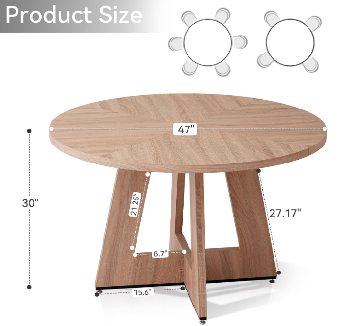 47'' Round Dining Table Farmhouse Kitchen Table Circle Dining Room Table Mid Century Modern Dining Table Large Wood Dinner Table for 4-6 Wooden Pedestal Dinning Table for Kitchen（Brown）
