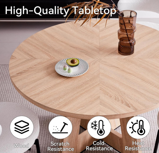 47'' Round Dining Table Farmhouse Kitchen Table Circle Dining Room Table Mid Century Modern Dining Table Large Wood Dinner Table for 4-6 Wooden Pedestal Dinning Table for Kitchen（Brown）