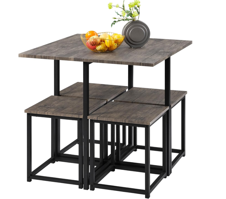 5-Piece Dining Table Set with 4 Stools - Industrial Compact Kitchen Table & Chairs Sets, Space-Saving Design for Apartment, Small Space, Breakfast Nook, Drift Brown