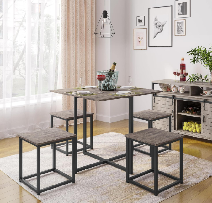 5-Piece Dining Table Set with 4 Stools - Industrial Compact Kitchen Table & Chairs Sets, Space-Saving Design for Apartment, Small Space, Breakfast Nook, Drift Brown