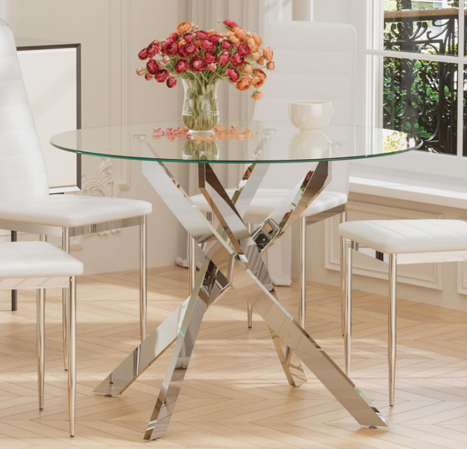 Glass Dining Table,Round Kitchen Table with Chromed Legs,35.3" Small Dining Table for Apartment,Kitchen Dining Room(Only Table)