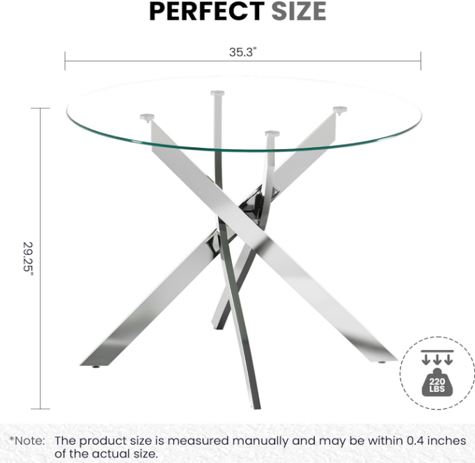 Glass Dining Table,Round Kitchen Table with Chromed Legs,35.3" Small Dining Table for Apartment,Kitchen Dining Room(Only Table)