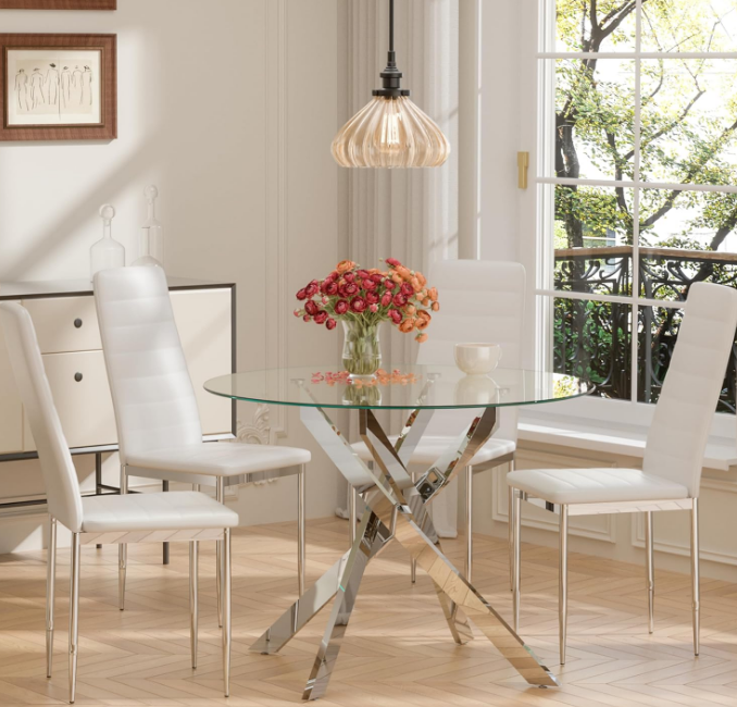 Glass Dining Table,Round Kitchen Table with Chromed Legs,35.3" Small Dining Table for Apartment,Kitchen Dining Room(Only Table)