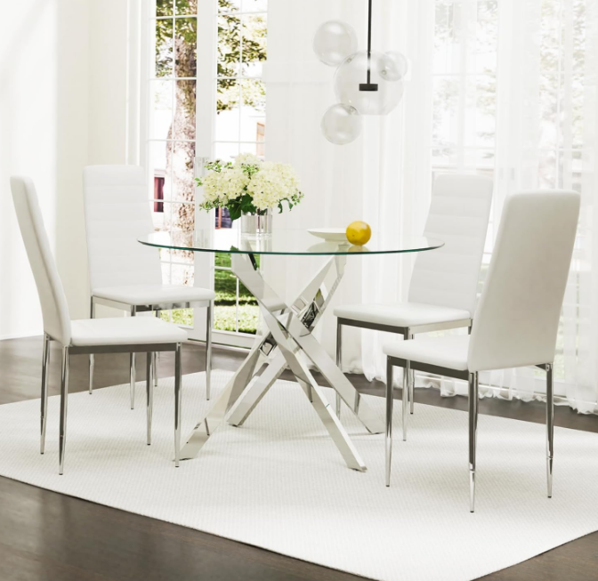 Glass Dining Table,Round Kitchen Table with Chromed Legs,35.3" Small Dining Table for Apartment,Kitchen Dining Room(Only Table)