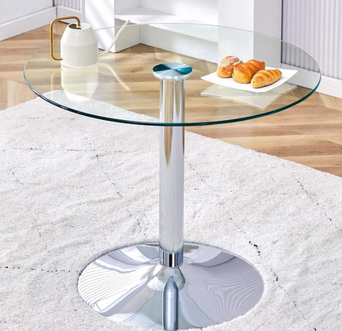 Round Glass Dining Table,35" Round Cocktail Table with Tempered Glass Table Top,Sturdy Silver Chrome Pole Support,Clear Small Narrow Round Dining Table for Kitchen,Home,Cafe