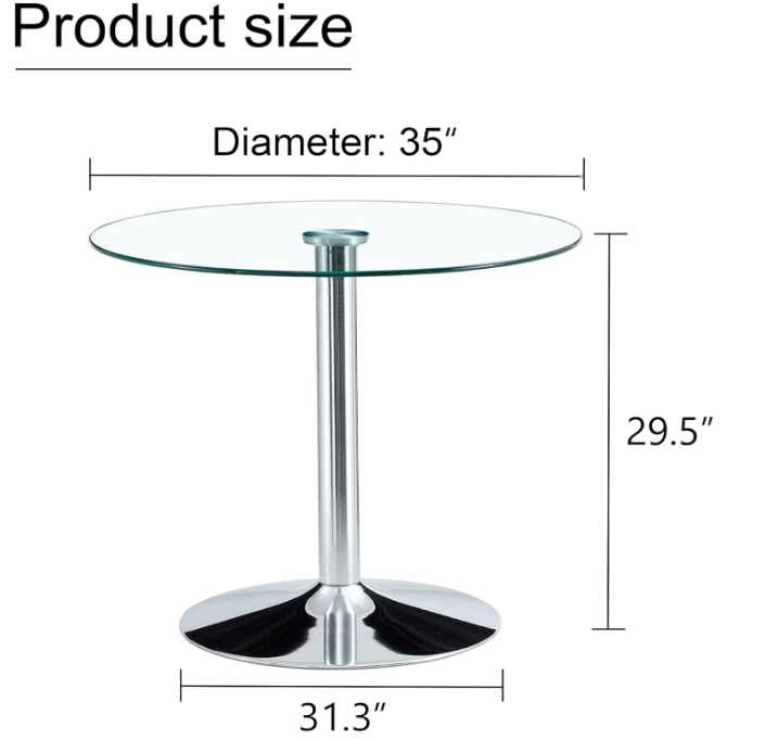 Round Glass Dining Table,35" Round Cocktail Table with Tempered Glass Table Top,Sturdy Silver Chrome Pole Support,Clear Small Narrow Round Dining Table for Kitchen,Home,Cafe