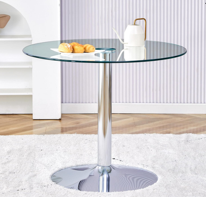 Round Glass Dining Table,35" Round Cocktail Table with Tempered Glass Table Top,Sturdy Silver Chrome Pole Support,Clear Small Narrow Round Dining Table for Kitchen,Home,Cafe