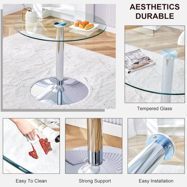 Round Glass Dining Table,35" Round Cocktail Table with Tempered Glass Table Top,Sturdy Silver Chrome Pole Support,Clear Small Narrow Round Dining Table for Kitchen,Home,Cafe