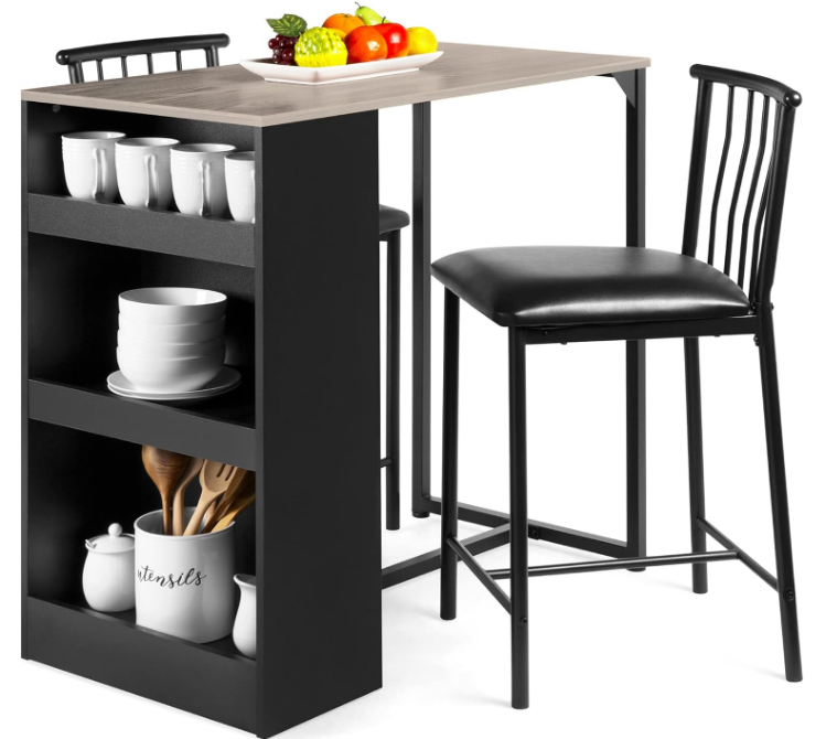 3-Piece 36in Wooden Counter Height Dining Table Set for Kitchen, Dining Room w/Storage Shelves, Metal Frame, 2 Barstools - Gray