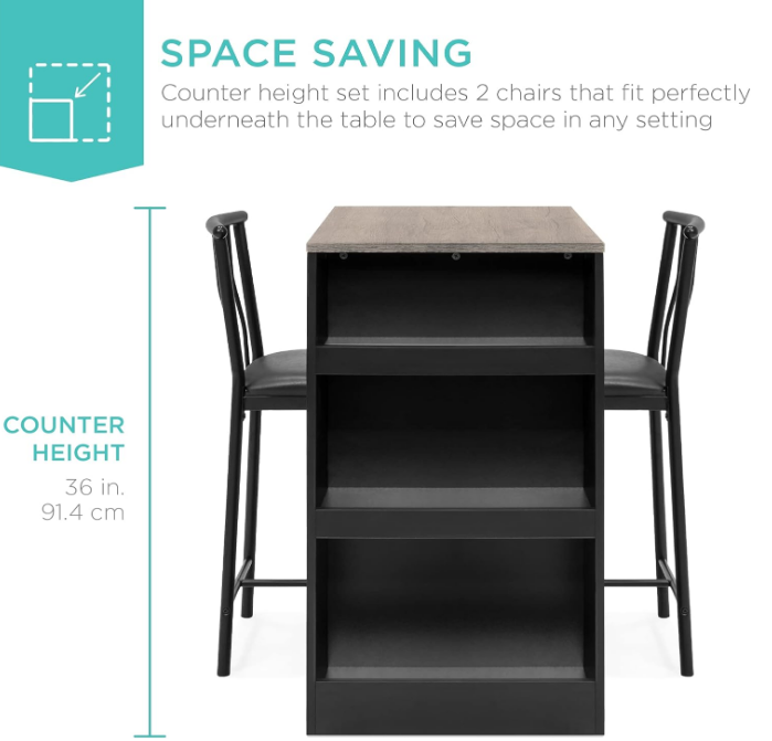 3-Piece 36in Wooden Counter Height Dining Table Set for Kitchen, Dining Room w/Storage Shelves, Metal Frame, 2 Barstools - Gray