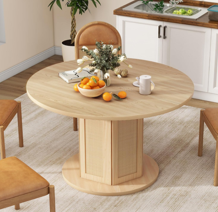 Round Dining Table for 4-6 People Circle Dining Table with Wooden Rattan Base Modern Farmhouse Kitchen Table Round for Dining Room Kitchen Apartment, Natural Oak
