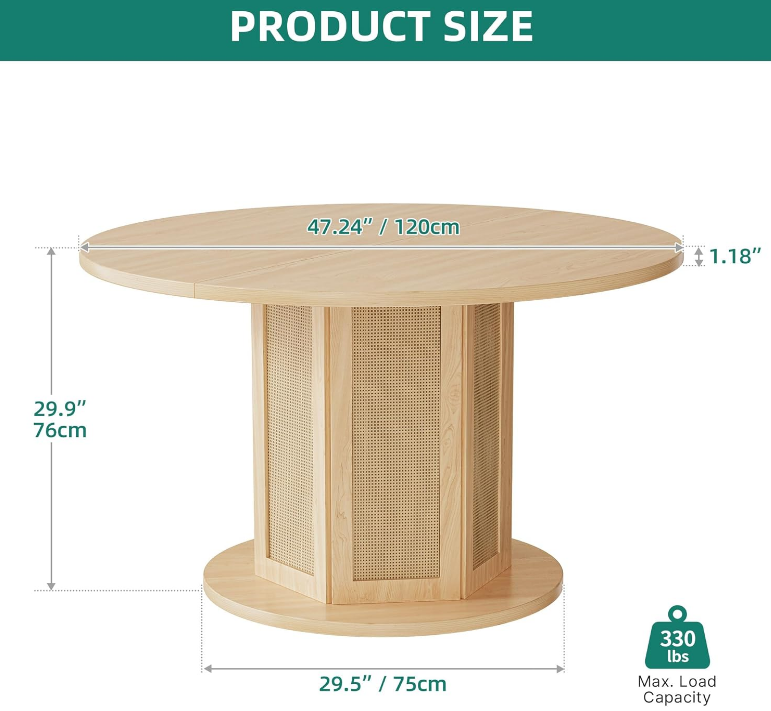 Round Dining Table for 4-6 People Circle Dining Table with Wooden Rattan Base Modern Farmhouse Kitchen Table Round for Dining Room Kitchen Apartment, Natural Oak