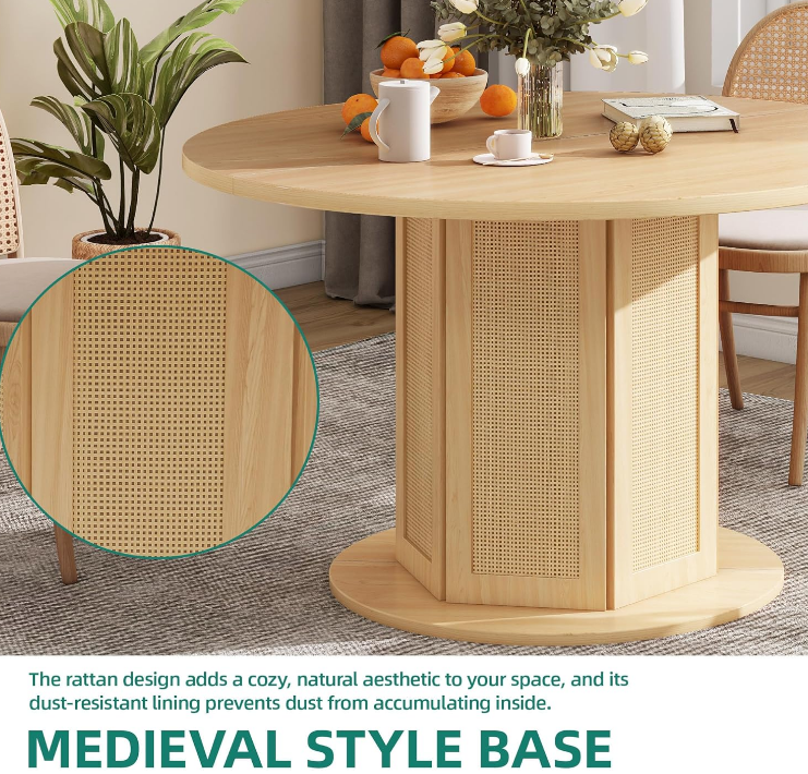 Round Dining Table for 4-6 People Circle Dining Table with Wooden Rattan Base Modern Farmhouse Kitchen Table Round for Dining Room Kitchen Apartment, Natural Oak