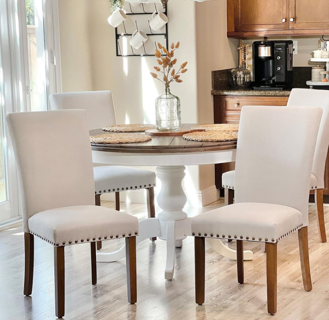 Upholstered Parsons Dining Chairs Set of 4, Fabric Dining Room Kitchen Side Chair with Nailhead Trim and Wood Legs - Beige