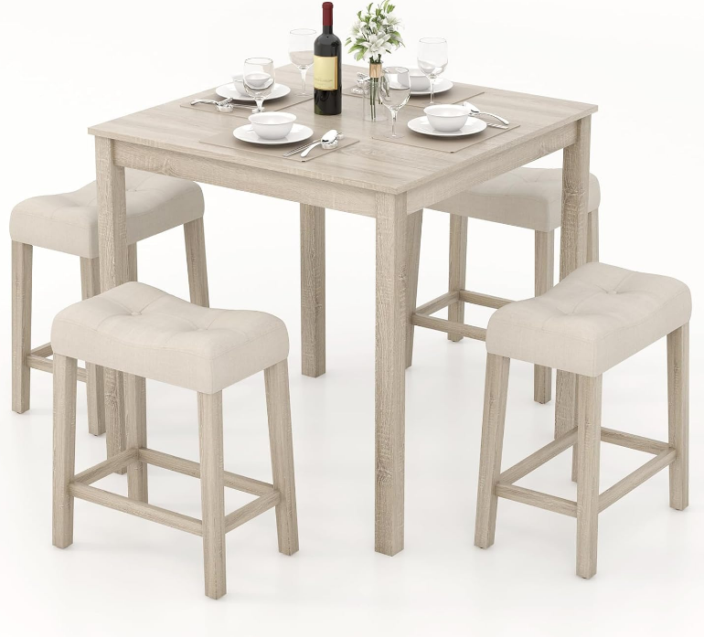 5-Piece Bar Table Set, Square Breakfast Set for 4 w/Padded Stools, Small Kitchen Table Set w/Rubber Wood Legs, Space-Saving Dining Table Set for Living Room, Kitchen, Small Space