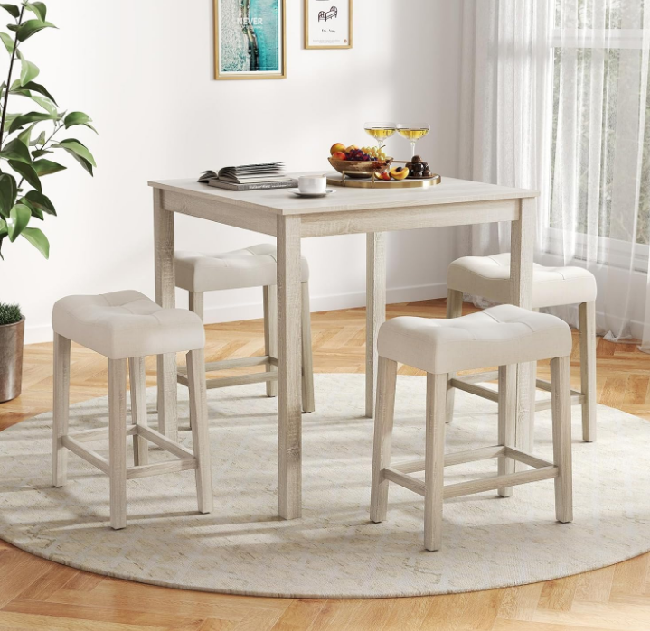 5-Piece Bar Table Set, Square Breakfast Set for 4 w/Padded Stools, Small Kitchen Table Set w/Rubber Wood Legs, Space-Saving Dining Table Set for Living Room, Kitchen, Small Space