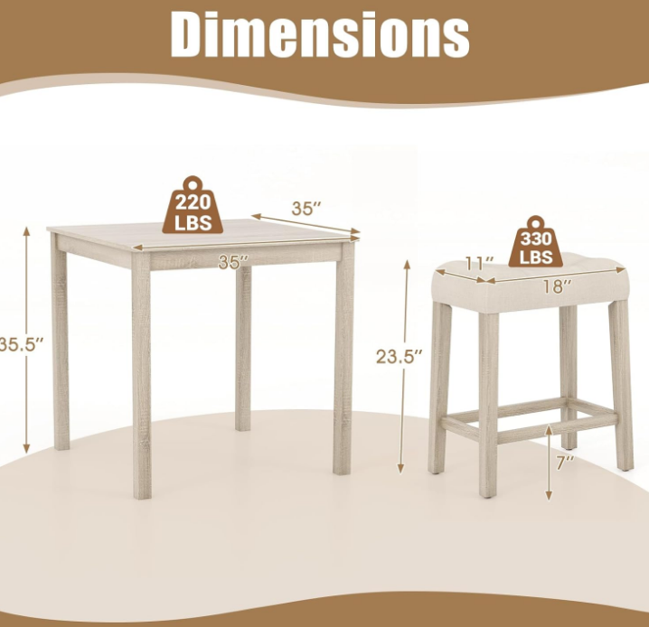 5-Piece Bar Table Set, Square Breakfast Set for 4 w/Padded Stools, Small Kitchen Table Set w/Rubber Wood Legs, Space-Saving Dining Table Set for Living Room, Kitchen, Small Space