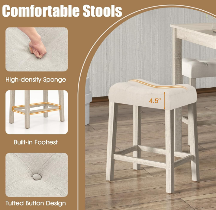 5-Piece Bar Table Set, Square Breakfast Set for 4 w/Padded Stools, Small Kitchen Table Set w/Rubber Wood Legs, Space-Saving Dining Table Set for Living Room, Kitchen, Small Space