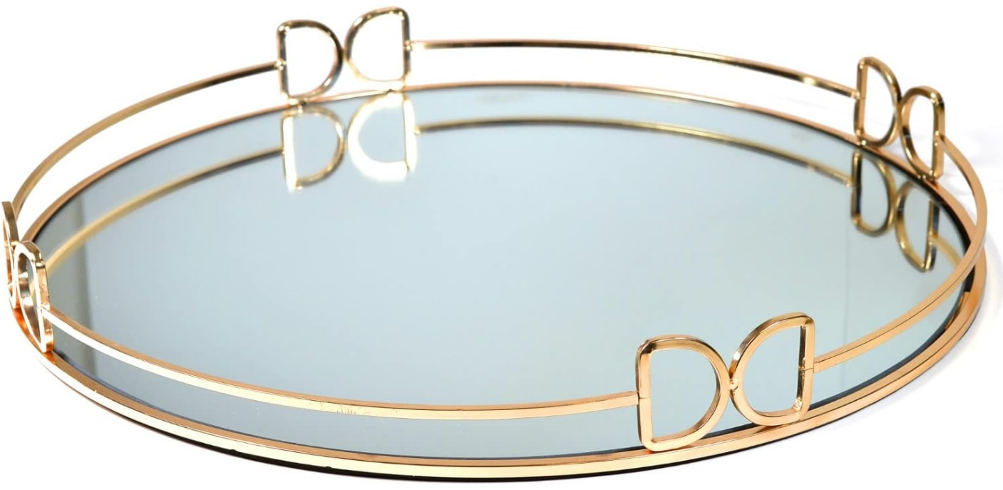 Decorative Tray Metal Mirrored Round Serving Trays with Butterfly Handles Perfume Jewelry Trinket Organizer for Bathroom Vanity & Home Décor (Gold, 16")