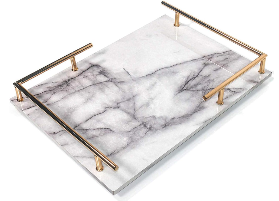 Decorative MDF Tray with Marble Print, Handmade Vanity/Perfume Tray with Gold Metal Handle, Trinket Tray, Catchall Tray for Dresser Bathroom Vanity Table (Gray and White)