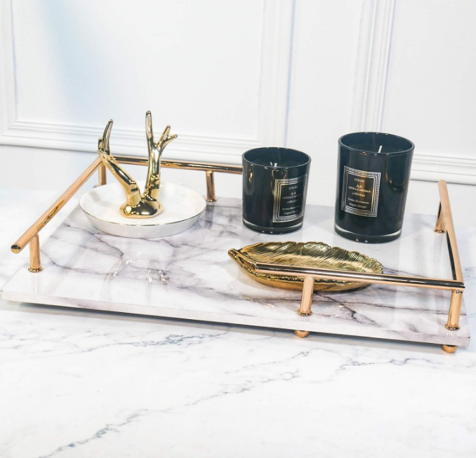 Decorative MDF Tray with Marble Print, Handmade Vanity/Perfume Tray with Gold Metal Handle, Trinket Tray, Catchall Tray for Dresser Bathroom Vanity Table (Gray and White)