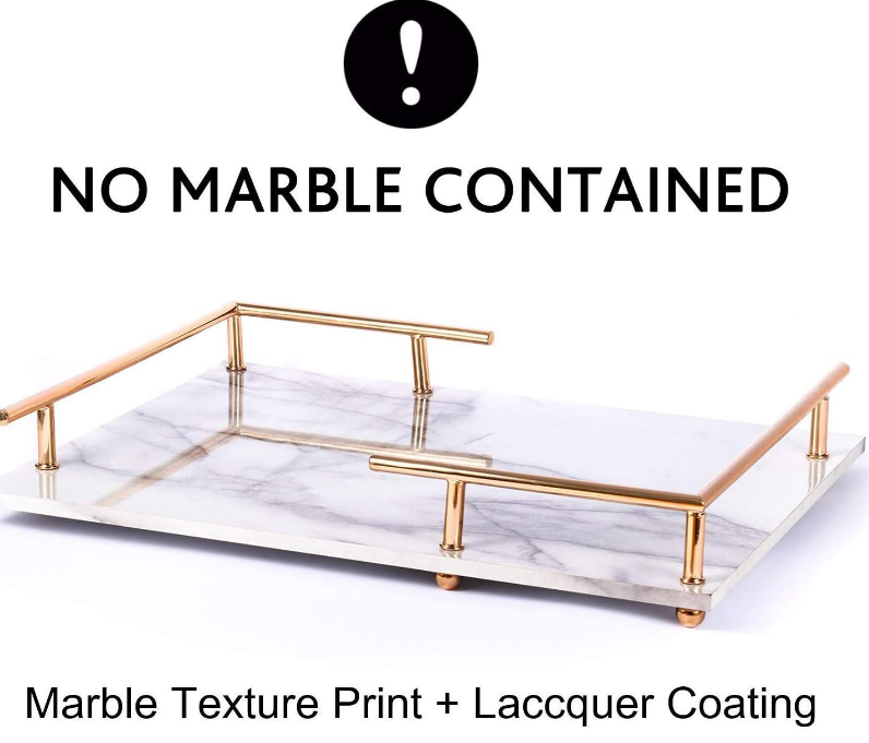 Decorative MDF Tray with Marble Print, Handmade Vanity/Perfume Tray with Gold Metal Handle, Trinket Tray, Catchall Tray for Dresser Bathroom Vanity Table (Gray and White)