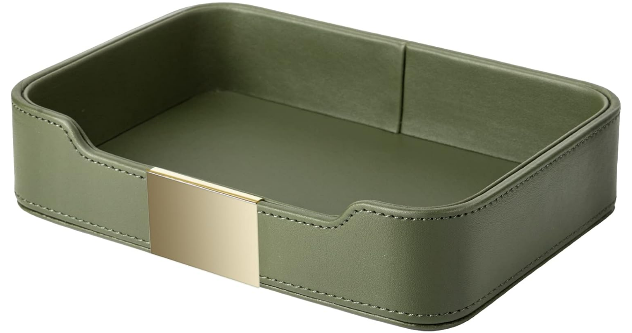 Luxury Leather Tray Desktop Storage Catchall Organizer Decorative Tray for Entryway Table to Hold Jewelry Watch Keys Phone Wallet (Metal Glided, Green)