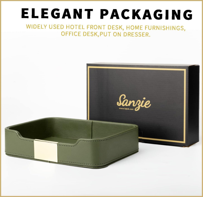 Luxury Leather Tray Desktop Storage Catchall Organizer Decorative Tray for Entryway Table to Hold Jewelry Watch Keys Phone Wallet (Metal Glided, Green)