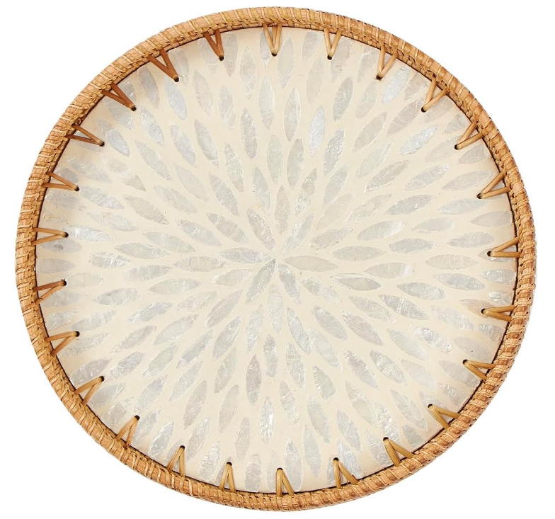 Round Rattan Tray with Mother of Pearl Inlay, Rattan Serving Tray with Wooden Base, Decorative Wicker Basket for Table Decor, Storage and Display of Coffee Bread Food Fruit (Leaf 2)