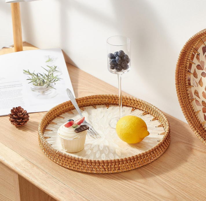 Round Rattan Tray with Mother of Pearl Inlay, Rattan Serving Tray with Wooden Base, Decorative Wicker Basket for Table Decor, Storage and Display of Coffee Bread Food Fruit (Leaf 2)