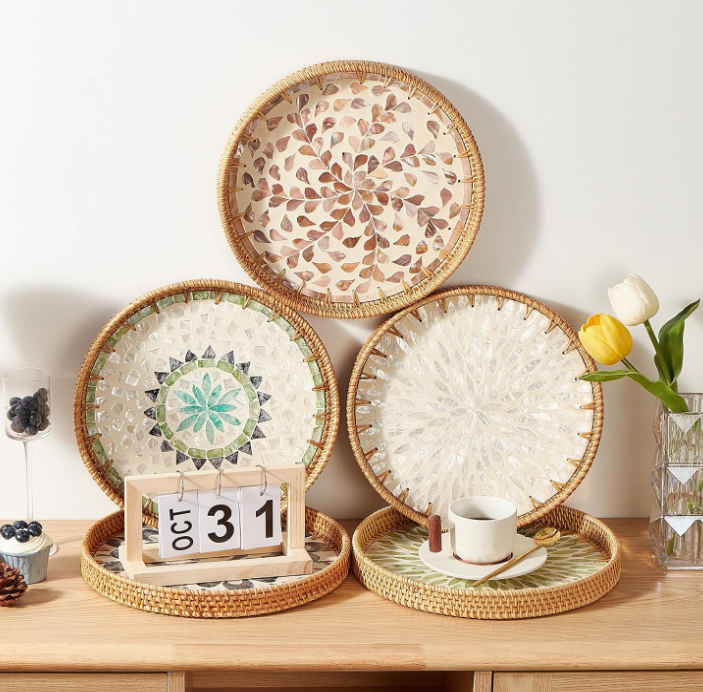 Round Rattan Tray with Mother of Pearl Inlay, Rattan Serving Tray with Wooden Base, Decorative Wicker Basket for Table Decor, Storage and Display of Coffee Bread Food Fruit (Leaf 2)
