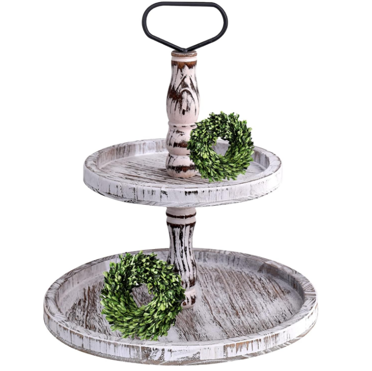 Tiered Tray Cupcake Stand 2 Tier Tray Stand Serving Cakes Tray Decorative Trays with Handle,Round Rustic Stand for Kitchen,Homeware Display Platters for Party