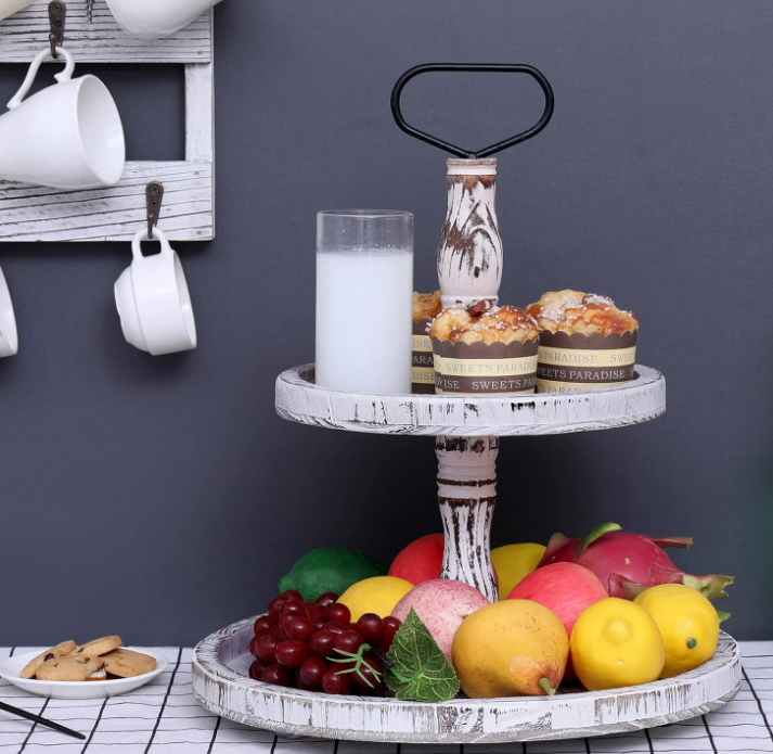 Tiered Tray Cupcake Stand 2 Tier Tray Stand Serving Cakes Tray Decorative Trays with Handle,Round Rustic Stand for Kitchen,Homeware Display Platters for Party