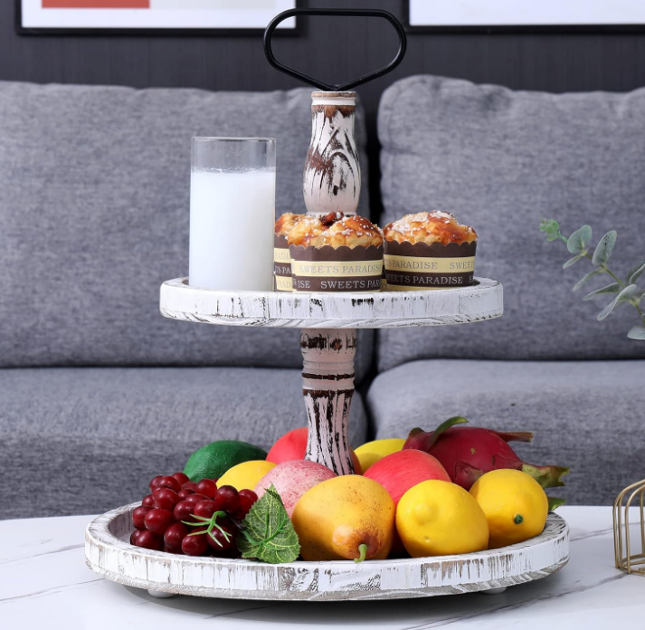 Tiered Tray Cupcake Stand 2 Tier Tray Stand Serving Cakes Tray Decorative Trays with Handle,Round Rustic Stand for Kitchen,Homeware Display Platters for Party